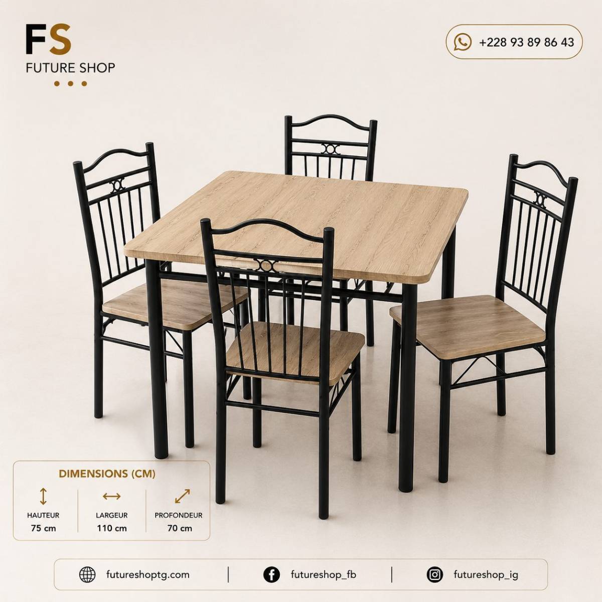 Table à Manger 4 Places Design Moderne avec Structure Métallique et Plateau MDF