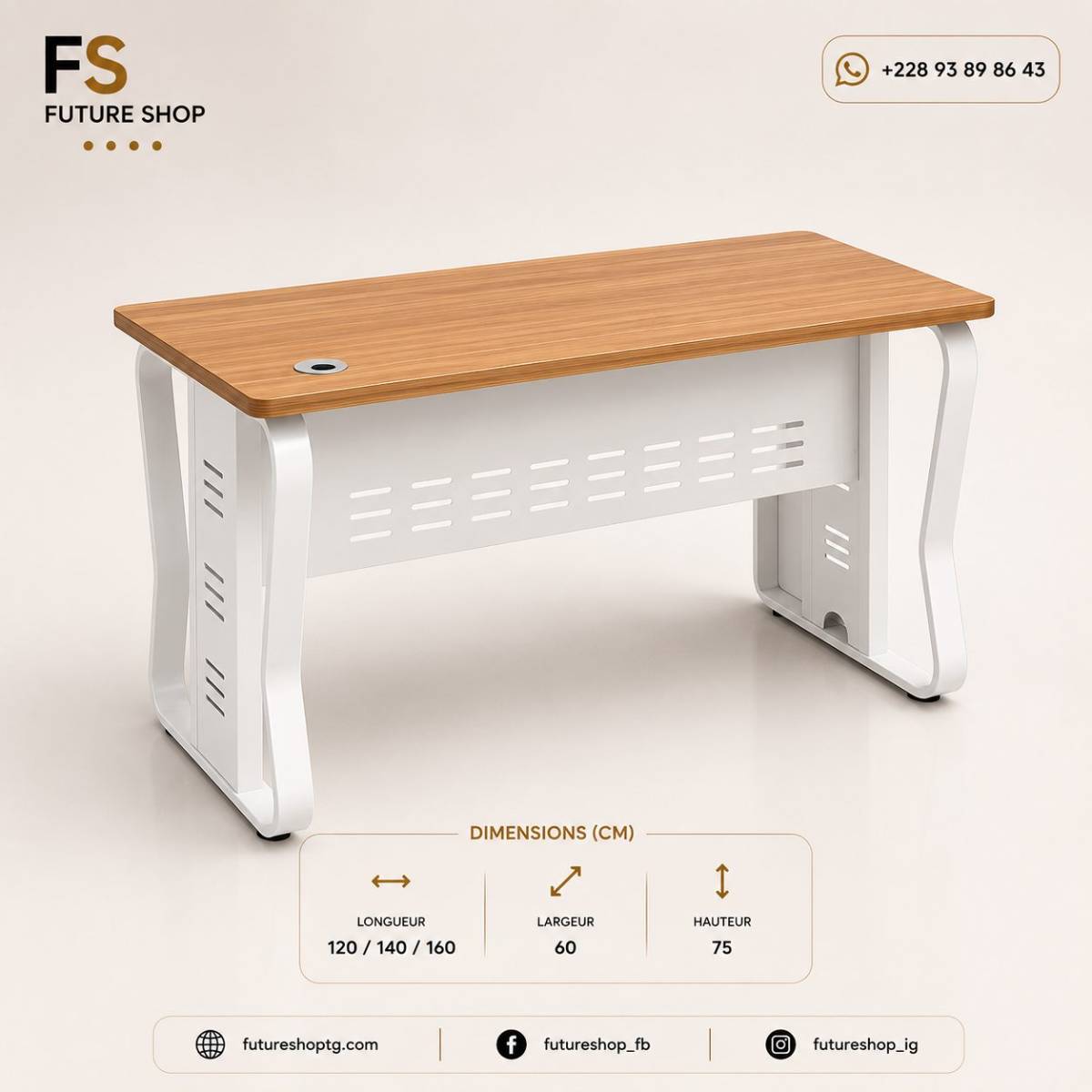 Table de Bureau Moderne avec Passe-Câble Intégré et Structure Métallique