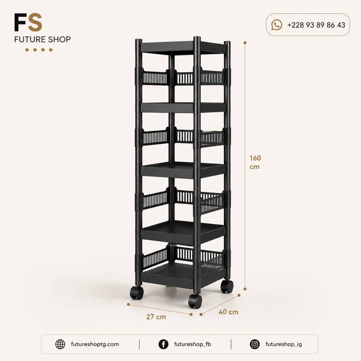 Étagère de Rangement 5 Niveaux avec Roulettes 360°