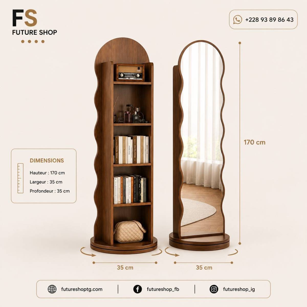 Miroir Bibliothèque Tournante Multifonction 2-en-1 avec Rotation 360°