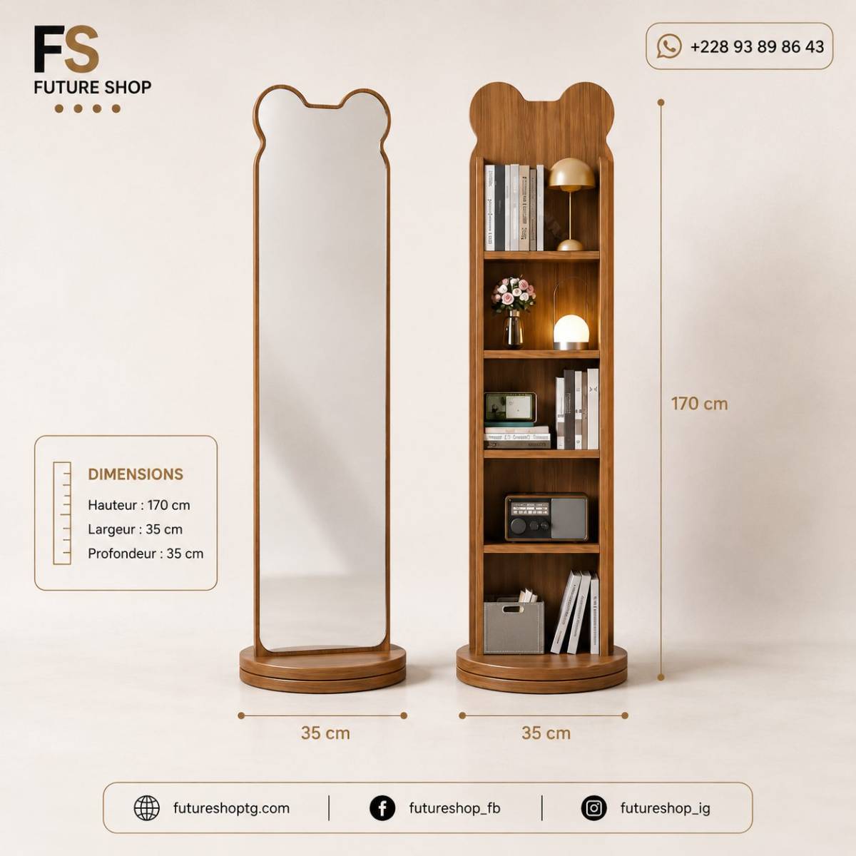 Miroir Bibliothèque Tournante Multifonction 2-en-1 avec Rotation 360°