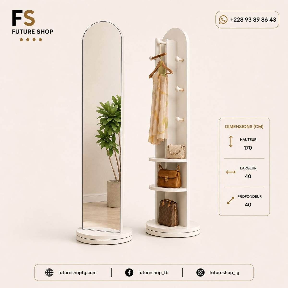 Miroir sur Pied Multifonction avec Rangement Intégré – 2-en-1
