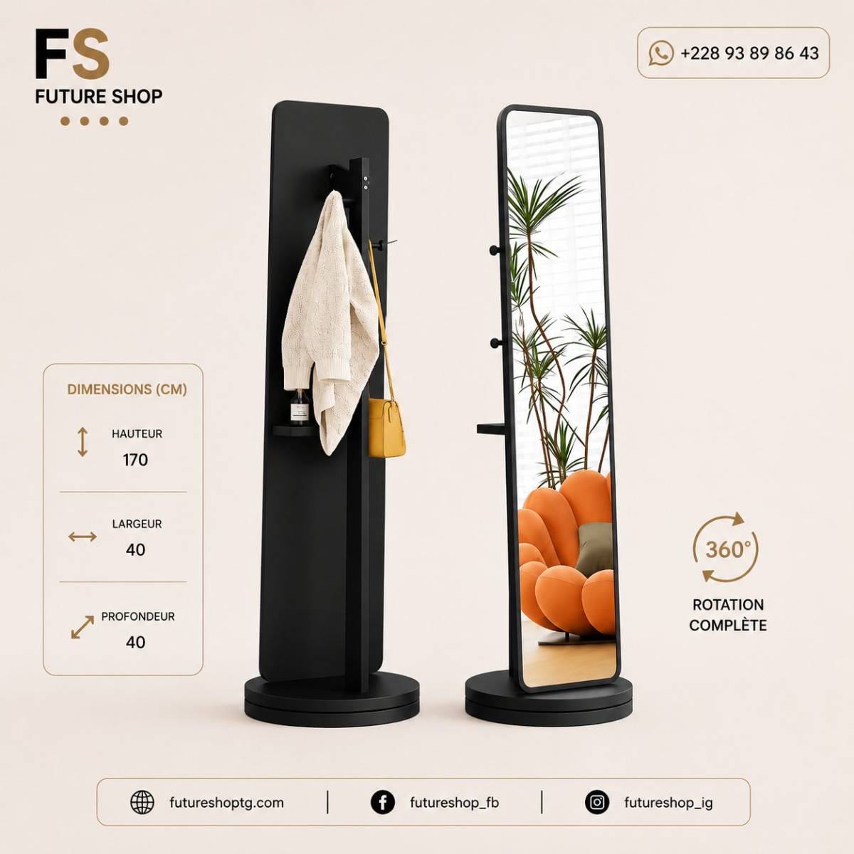 Miroir sur Pied Pivotant Multifonction 360° avec Porte-Manteaux et Étagère de Rangement