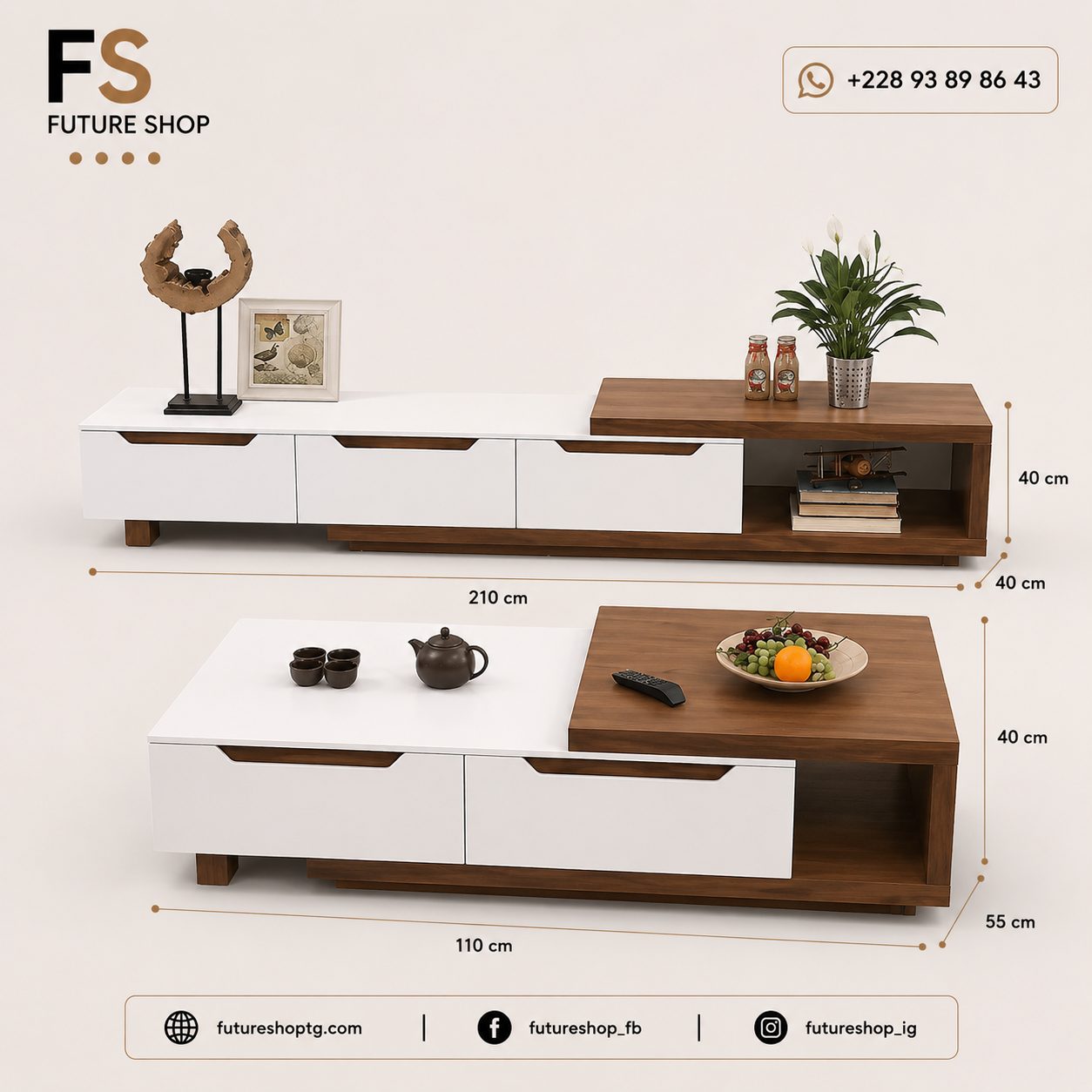 Ensemble Meuble TV et Table Centrale Moderne avec Rangements – Finition Bicolore Blanc & Bois