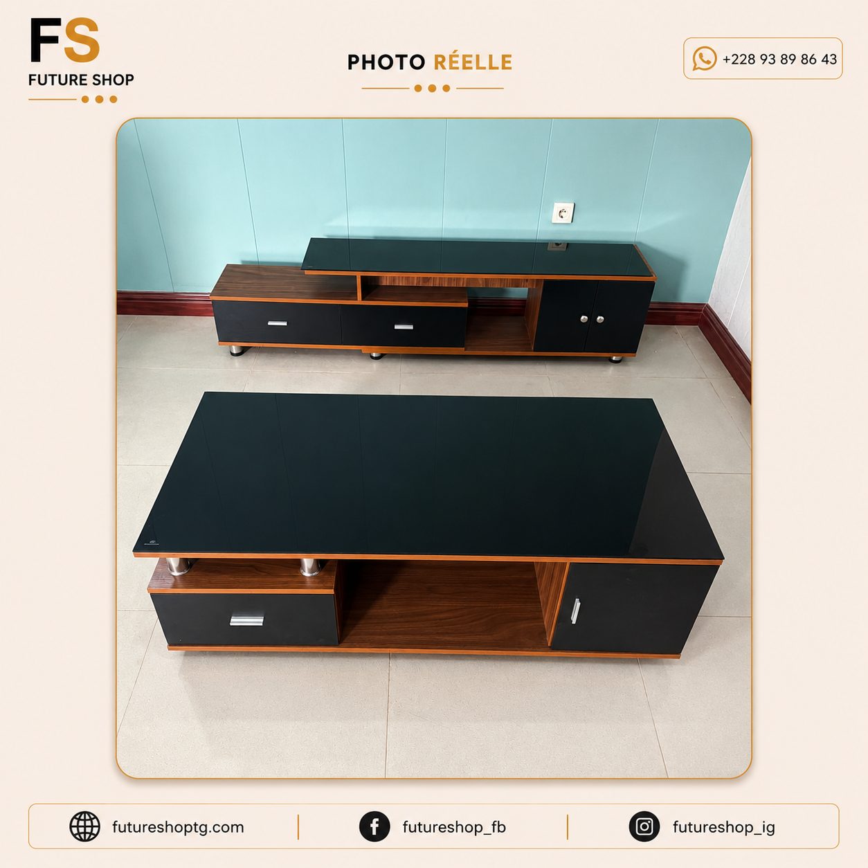 Ensemble TV Vitré avec Table Basse Moderne et Rangements Intégrés