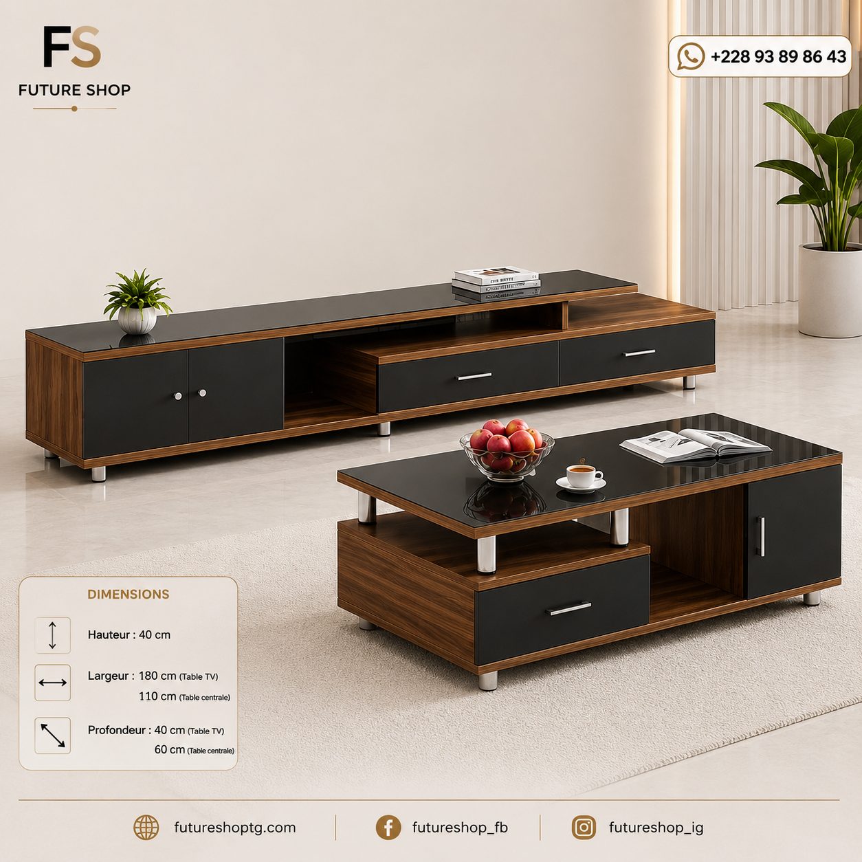 Ensemble TV Vitré avec Table Basse Moderne et Rangements Intégrés